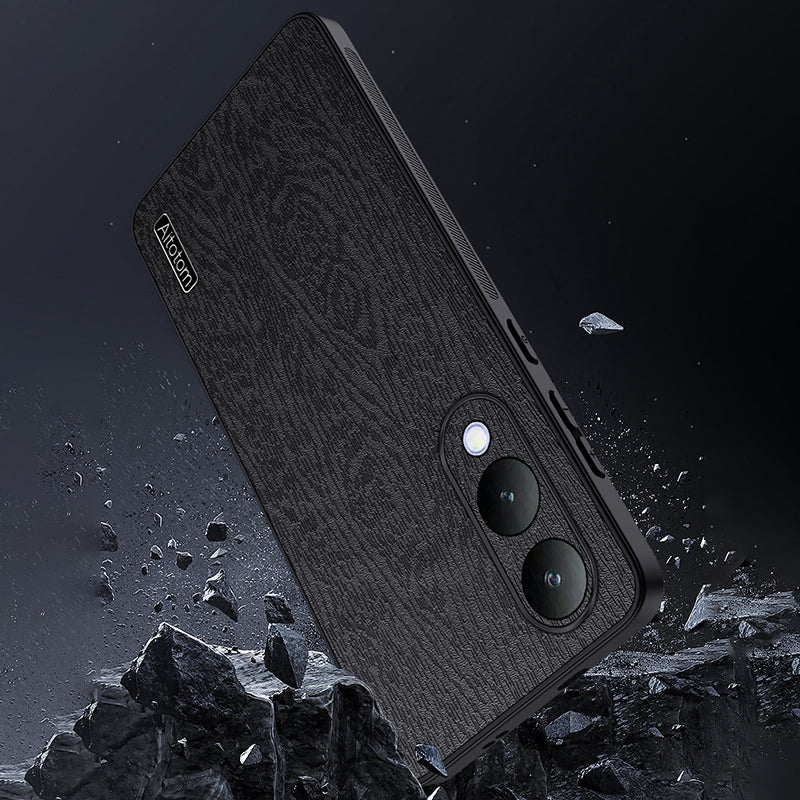 For vivo Y17s 4G Cell Phone Case Fall-proof Wood Grain PU+PC+TPU Back Cover - Black For vivo Y17s 4G Cell Phone Case Fall-proof Wood Grain PU+PC+TPU Back Cover - Black
